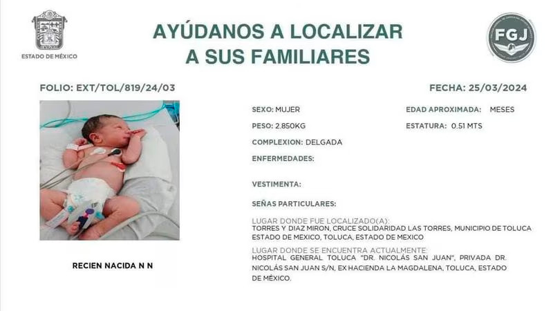 Abandonan a recién nacida en Metepec, Estado de México