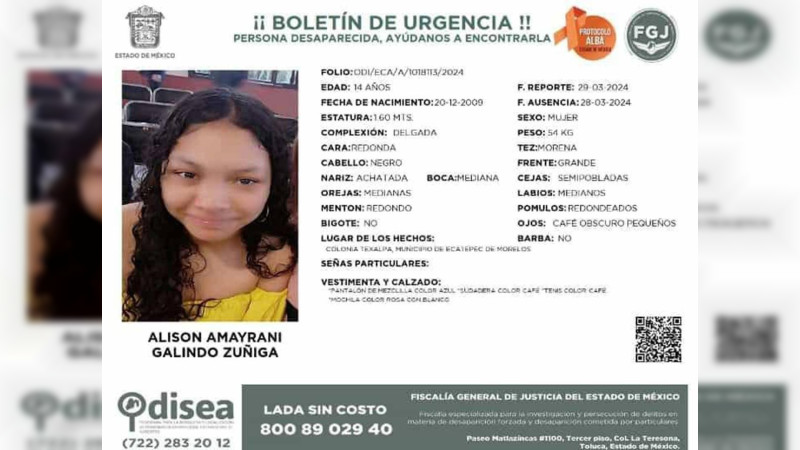 Reportan desaparición de Alison de 14 años en Edomex; iba al trabajo de su papá