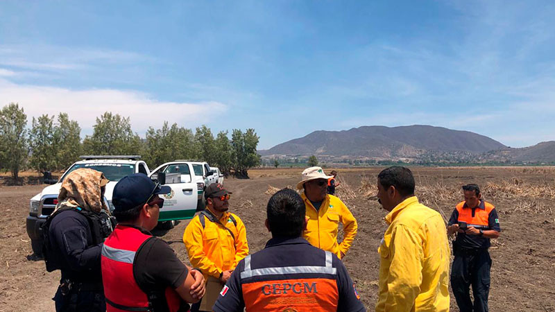 Brigadas atienden incendio de tule en Santa Ana Maya, Michoacán