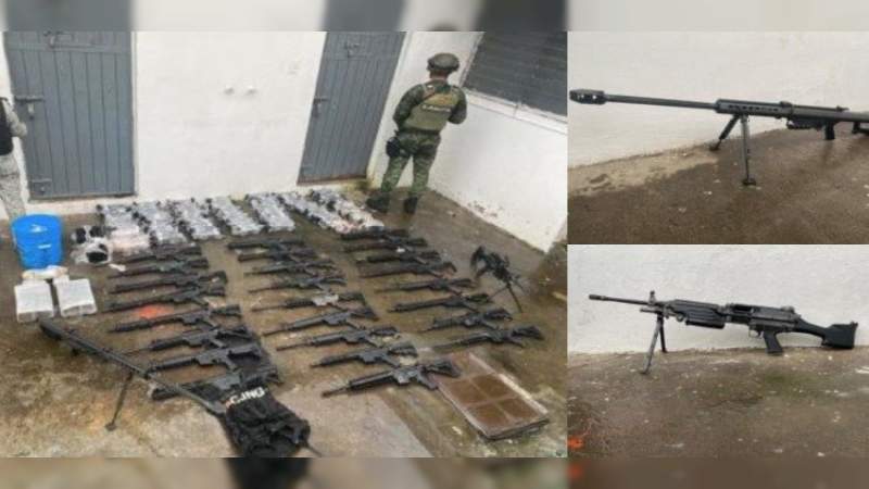 Golpe al CJNG en Nuevo Parangaricutiro, Michoacán: Aseguran 28 armas además Barrett calibre 50 y Minimi, ametralladora que dispara 20 balas por segundo