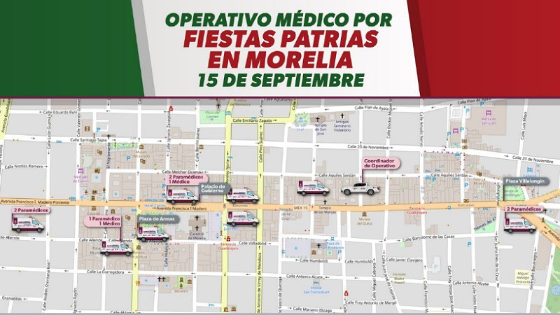 Sector Salud Michoacán desplegará 64 médicos y paramédicos, así como 13 ambulancias por fiestas patrias en Morelia 