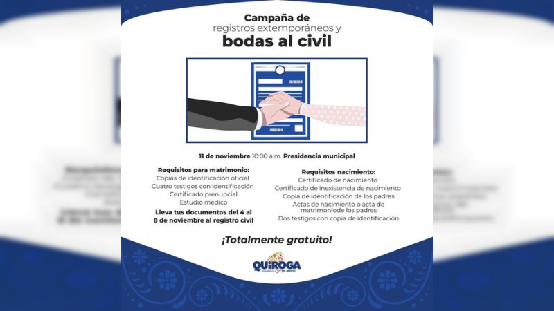 Lanzan convocatoria a la Campaña de Registros Extemporáneos y Bodas Civiles en Quiroga