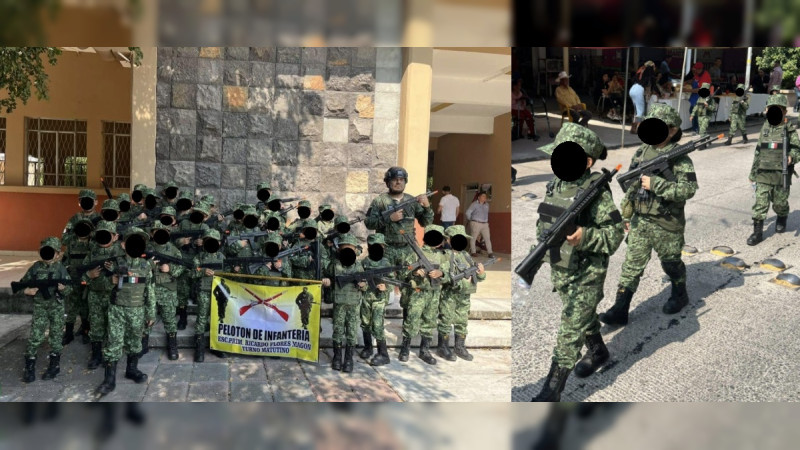 Con rifles, radios y granadas de juguete, desfilan uniformados por el Ejército niños de primaria en Antúnez, Michoacán